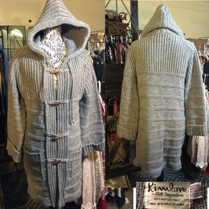 VTG 60s KIMLON Heavy Knit Gray Long Hooded Hippy Toggle Button Front Sweater~L